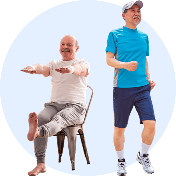 An elderly man doing stretching exercises and a younger man running, both exercising outdoors.